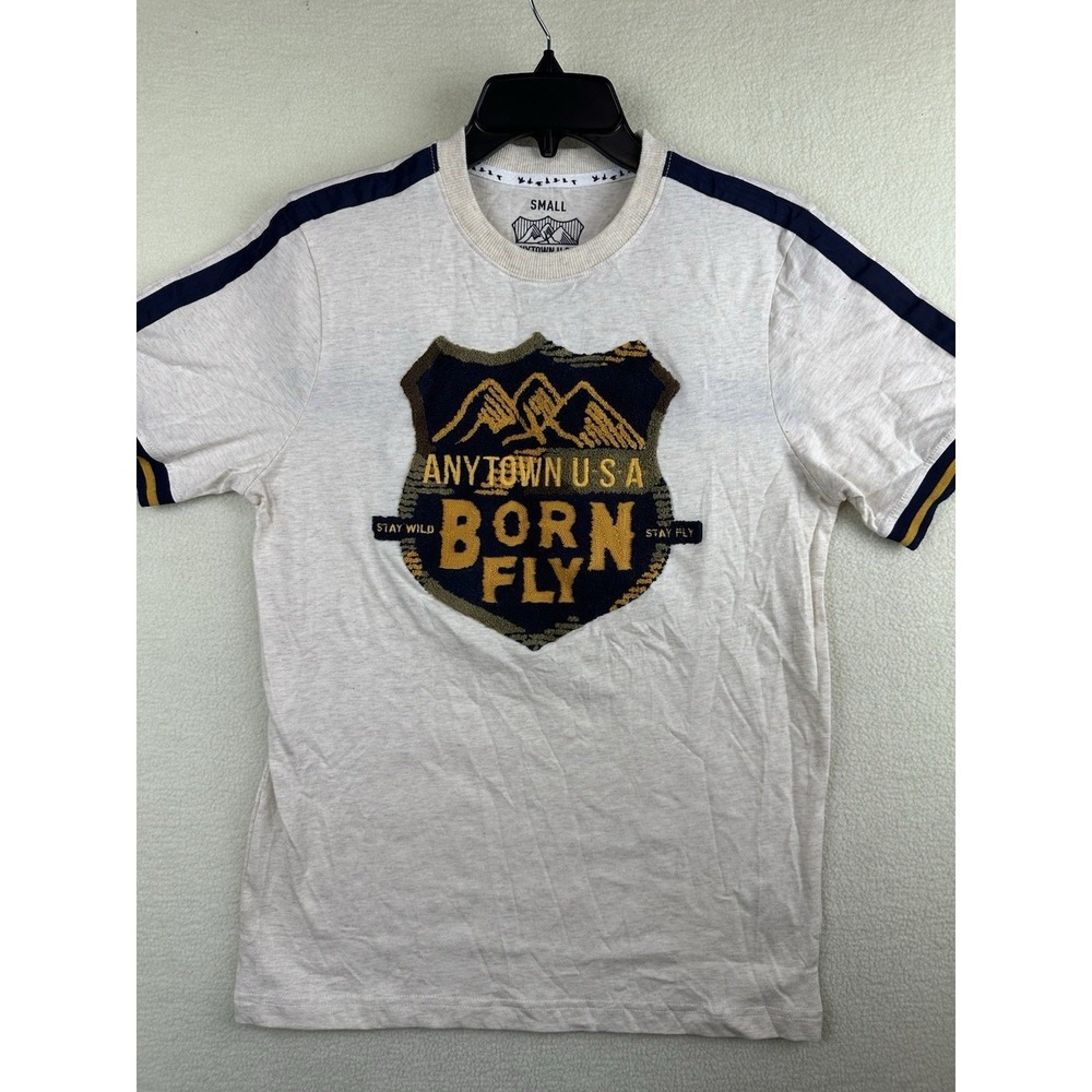 Born Fly Mens Small T-Shirt Anytown USA Embroidered Patch Graphic Tee Oatmeal